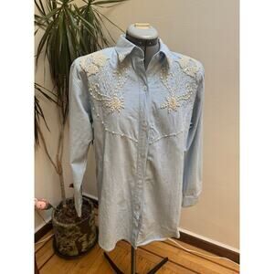 Vintage Elite Casuals Pearl Beaded Chambray Western Shirt 80s S
